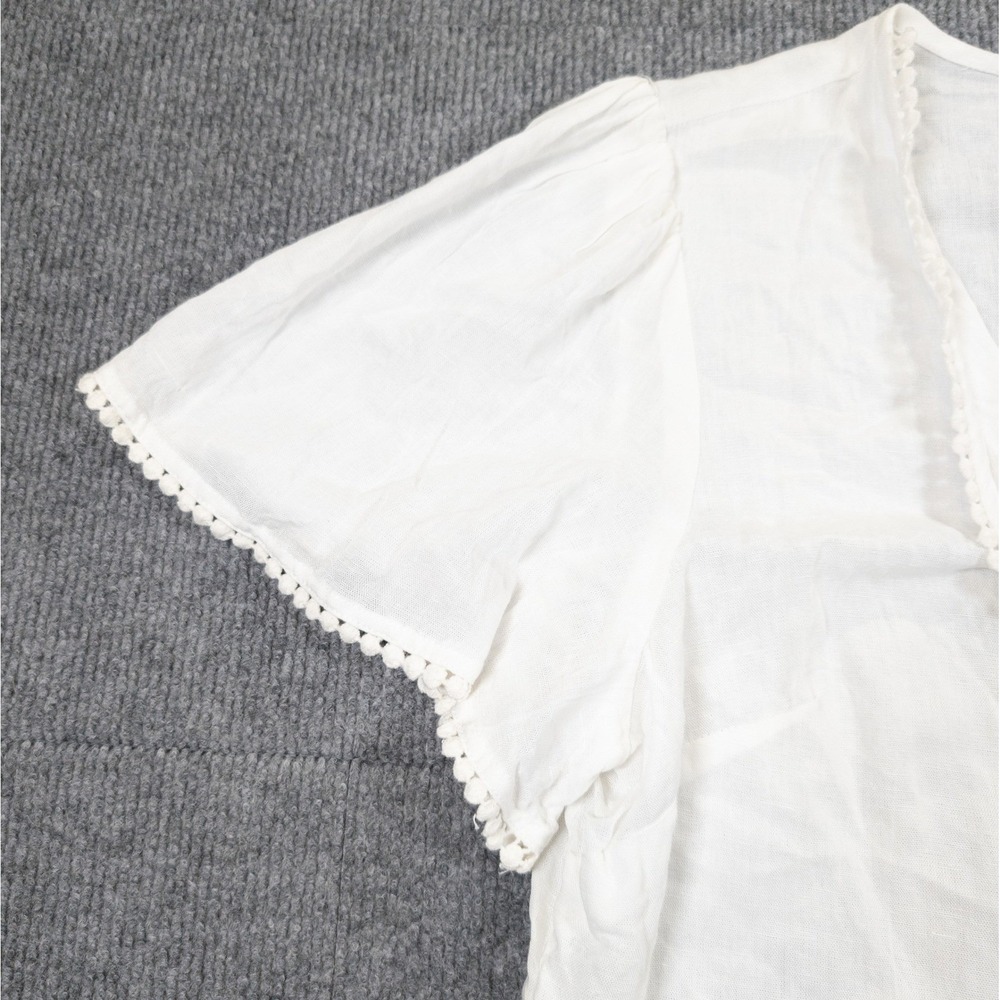 Crop Top Linen Blend Shirt Women 12 White Pompom Trim Festival Boho Cottagecore - Picture 6 of 11
